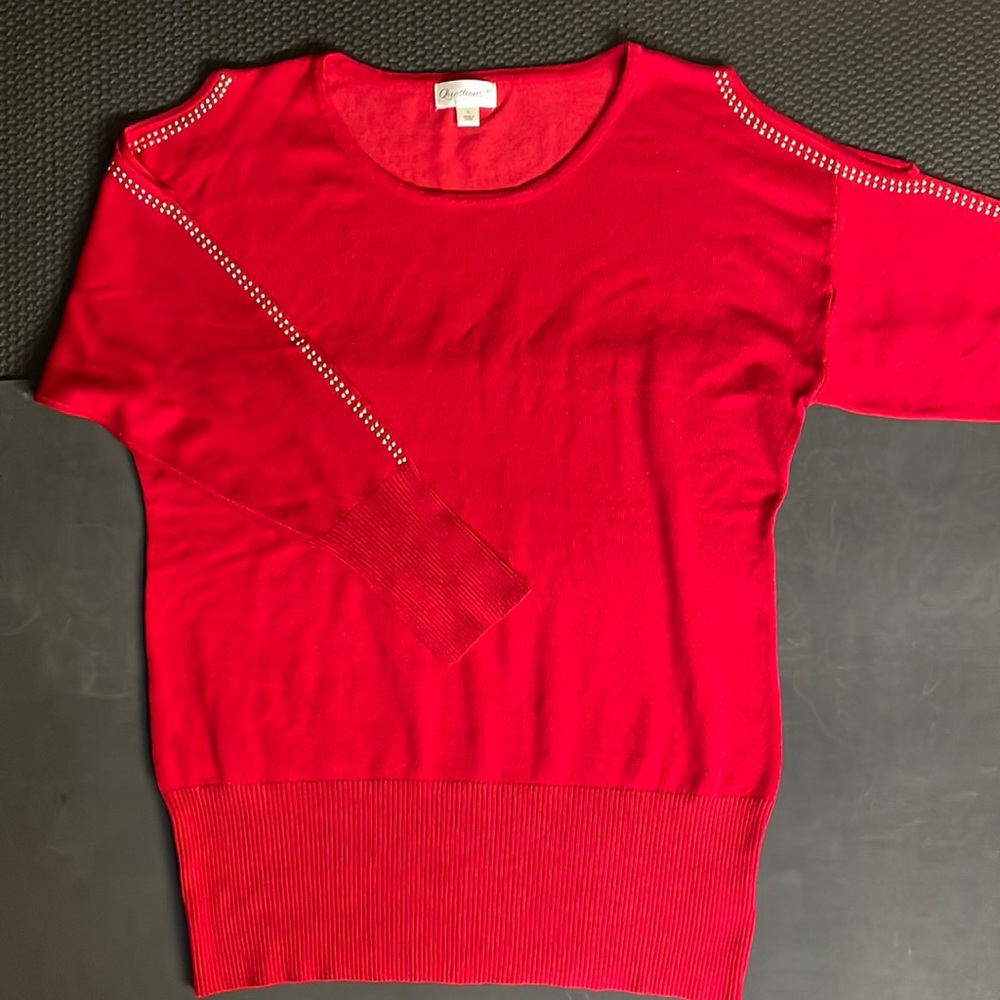 BRAND NEW red dress top Size Large. Cut out shoulders with gold studs down arms!